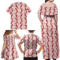 Hawaii Ti Leaf Maile Tuberose Lei Family Matching Off Shoulder Maxi Dress and Hawaiian Shirt With Hanalei Leaf Red