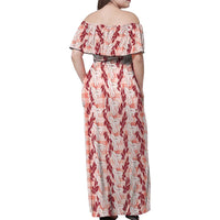 Hawaii Ti Leaf Maile Tuberose Lei Family Matching Off Shoulder Maxi Dress and Hawaiian Shirt With Hanalei Leaf Red