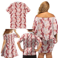 Hawaii Ti Leaf Maile Tuberose Lei Family Matching Off Shoulder Short Dress and Hawaiian Shirt With Hanalei Leaf Red