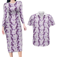 Hawaii Ti Leaf Maile Tuberose Lei Couples Matching Long Sleeve Bodycon Dress and Hawaiian Shirt With Hanalei Leaf Purple