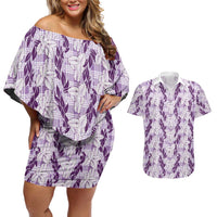 Hawaii Ti Leaf Maile Tuberose Lei Couples Matching Off Shoulder Short Dress and Hawaiian Shirt With Hanalei Leaf Purple