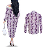 Hawaii Ti Leaf Maile Tuberose Lei Couples Matching Off The Shoulder Long Sleeve Dress and Long Sleeve Button Shirt With Hanalei Leaf Purple