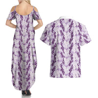 Hawaii Ti Leaf Maile Tuberose Lei Couples Matching Summer Maxi Dress and Hawaiian Shirt With Hanalei Leaf Purple