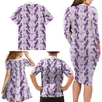 Hawaii Ti Leaf Maile Tuberose Lei Family Matching Long Sleeve Bodycon Dress and Hawaiian Shirt With Hanalei Leaf Purple LT05 - Polynesian Pride