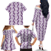 Hawaii Ti Leaf Maile Tuberose Lei Family Matching Off The Shoulder Long Sleeve Dress and Hawaiian Shirt With Hanalei Leaf Purple LT05 - Polynesian Pride