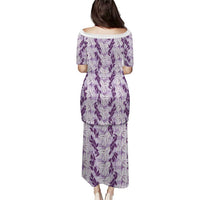 Hawaii Ti Leaf Maile Tuberose Lei Family Matching Puletasi and Hawaiian Shirt With Hanalei Leaf Purple