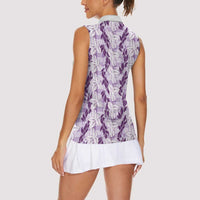 Hawaii Ti Leaf Maile Tuberose Lei Women Sleeveless Polo Shirt With Hanalei Leaf Purple
