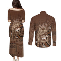 Samoa Tatau Marlin Couples Matching Puletasi and Long Sleeve Button Shirt With Siapo Motifs Brown