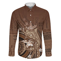 Samoa Tatau Marlin Family Matching Off Shoulder Short Dress and Hawaiian Shirt With Siapo Motifs Brown LT05 Dad's Shirt - Long Sleeve Brown - Polynesian Pride