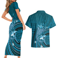Samoa Tatau Marlin Couples Matching Short Sleeve Bodycon Dress and Hawaiian Shirt With Siapo Motifs Teal