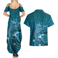 Samoa Tatau Marlin Couples Matching Summer Maxi Dress and Hawaiian Shirt With Siapo Motifs Teal