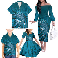 Samoa Tatau Marlin Family Matching Off The Shoulder Long Sleeve Dress and Hawaiian Shirt With Siapo Motifs Teal LT05 - Polynesian Pride