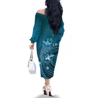 Samoa Tatau Marlin Family Matching Off The Shoulder Long Sleeve Dress and Hawaiian Shirt With Siapo Motifs Teal LT05 - Polynesian Pride