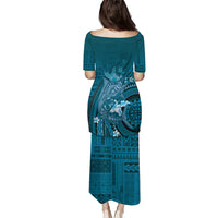 Samoa Tatau Marlin Family Matching Puletasi and Hawaiian Shirt With Siapo Motifs Teal