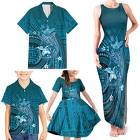 Samoa Tatau Marlin Family Matching Tank Maxi Dress and Hawaiian Shirt With Siapo Motifs Teal LT05 - Polynesian Pride