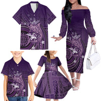 Samoa Tatau Marlin Family Matching Off The Shoulder Long Sleeve Dress and Hawaiian Shirt With Siapo Motifs Violet LT05 - Polynesian Pride