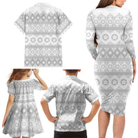 Tonga White Sunday Family Matching Long Sleeve Bodycon Dress and Hawaiian Shirt Tongan Ngatu Siale Pattern LT05 - Polynesian Pride