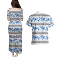 Samoa White Sunday Couples Matching Puletasi and Hawaiian Shirt Samoan Tapa Blue Hibiscus LT05 - Polynesian Pride