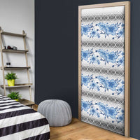 Samoa White Sunday Door Cover Samoan Tapa Blue Hibiscus - Polynesian Pride
