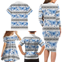 Samoa White Sunday Family Matching Long Sleeve Bodycon Dress and Hawaiian Shirt Samoan Tapa Blue Hibiscus LT05 - Polynesian Pride