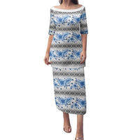 Samoa White Sunday Family Matching Puletasi and Hawaiian Shirt Samoan Tapa Blue Hibiscus - Polynesian Pride