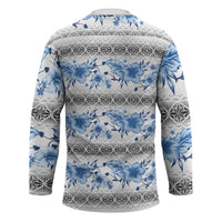 Samoa White Sunday Hockey Jersey Samoan Tapa Blue Hibiscus - Polynesian Pride