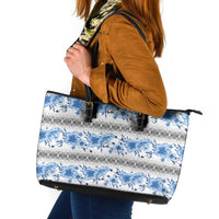 Samoa White Sunday Leather Tote Bag Samoan Tapa Blue Hibiscus - Polynesian Pride