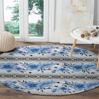 Samoa White Sunday Round Carpet Samoan Tapa Blue Hibiscus - Polynesian Pride