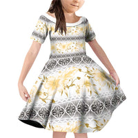 Samoa White Sunday Family Matching Off Shoulder Short Dress and Hawaiian Shirt Samoan Tapa Yellow Hibiscus LT05 Daughter's Dress Yellow - Polynesian Pride