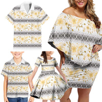 Samoa White Sunday Family Matching Off Shoulder Short Dress and Hawaiian Shirt Samoan Tapa Yellow Hibiscus LT05 - Polynesian Pride