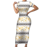 Samoa White Sunday Family Matching Short Sleeve Bodycon Dress and Hawaiian Shirt Samoan Tapa Yellow Hibiscus LT05 Mom's Dress Yellow - Polynesian Pride
