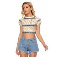 Samoa White Sunday Raglan Cropped T Shirt Samoan Tapa Yellow Hibiscus - Polynesian Pride