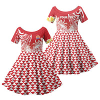 Personalised Tahiti Surfing Family Matching Off Shoulder Maxi Dress and Hawaiian Shirt Polynesian Style LT05 Daughter's Dress Red - Polynesian Pride
