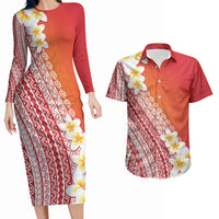 Tahiti Plumeria Tribal Pattern Couples Matching Long Sleeve Bodycon Dress and Hawaiian Shirt Wave Style Red LT05 Red - Polynesian Pride