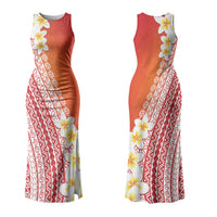 Tahiti Plumeria Tribal Pattern Couples Matching Tank Maxi Dress and Long Sleeve Button Shirt Wave Style Red LT05 - Polynesian Pride