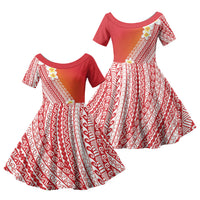 Tahiti Plumeria Tribal Pattern Family Matching Off Shoulder Short Dress and Hawaiian Shirt Wave Style Red LT05 Daughter's Dress Red - Polynesian Pride
