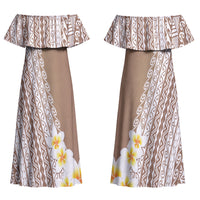 Tahiti Plumeria Tribal Pattern Couples Matching Off Shoulder Maxi Dress and Hawaiian Shirt Wave Style Brown LT05 - Polynesian Pride