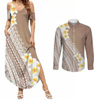 Tahiti Plumeria Tribal Pattern Couples Matching Summer Maxi Dress and Long Sleeve Button Shirt Wave Style Brown LT05 Brown - Polynesian Pride