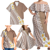Tahiti Plumeria Tribal Pattern Family Matching Off Shoulder Maxi Dress and Hawaiian Shirt Wave Style Brown LT05 - Polynesian Pride