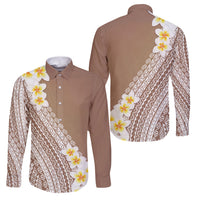 Tahiti Plumeria Tribal Pattern Family Matching Off Shoulder Maxi Dress and Hawaiian Shirt Wave Style Brown LT05 Dad's Shirt - Long Sleeve Brown - Polynesian Pride