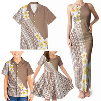 Tahiti Plumeria Tribal Pattern Family Matching Tank Maxi Dress and Hawaiian Shirt Wave Style Brown LT05 - Polynesian Pride