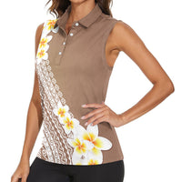 Tahiti Plumeria Tribal Pattern Women Sleeveless Polo Shirt Wave Style Brown LT05 - Polynesian Pride