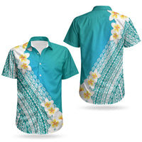 Tahiti Plumeria Tribal Pattern Couples Matching Off The Shoulder Long Sleeve Dress and Hawaiian Shirt Wave Style Turquoise LT05 - Polynesian Pride