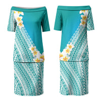 Tahiti Plumeria Tribal Pattern Couples Matching Puletasi and Hawaiian Shirt Wave Style Turquoise LT05 - Polynesian Pride