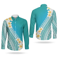 Tahiti Plumeria Tribal Pattern Couples Matching Tank Maxi Dress and Long Sleeve Button Shirt Wave Style Turquoise LT05 - Polynesian Pride