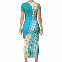 Tahiti Plumeria Tribal Pattern Short Sleeve Bodycon Dress Wave Style Turquoise LT05 - Polynesian Pride
