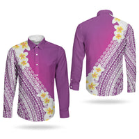 Tahiti Plumeria Tribal Pattern Couples Matching Mermaid Dress and Long Sleeve Button Shirt Wave Style Purple LT05 - Polynesian Pride