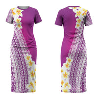 Tahiti Plumeria Tribal Pattern Couples Matching Short Sleeve Bodycon Dress and Hawaiian Shirt Wave Style Purple LT05 - Polynesian Pride