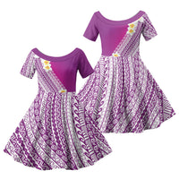 Tahiti Plumeria Tribal Pattern Family Matching Off The Shoulder Long Sleeve Dress and Hawaiian Shirt Wave Style Purple LT05 Daughter's Dress Purple - Polynesian Pride