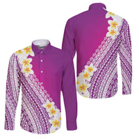 Tahiti Plumeria Tribal Pattern Family Matching Off Shoulder Short Dress and Hawaiian Shirt Wave Style Purple LT05 Dad's Shirt - Long Sleeve Purple - Polynesian Pride